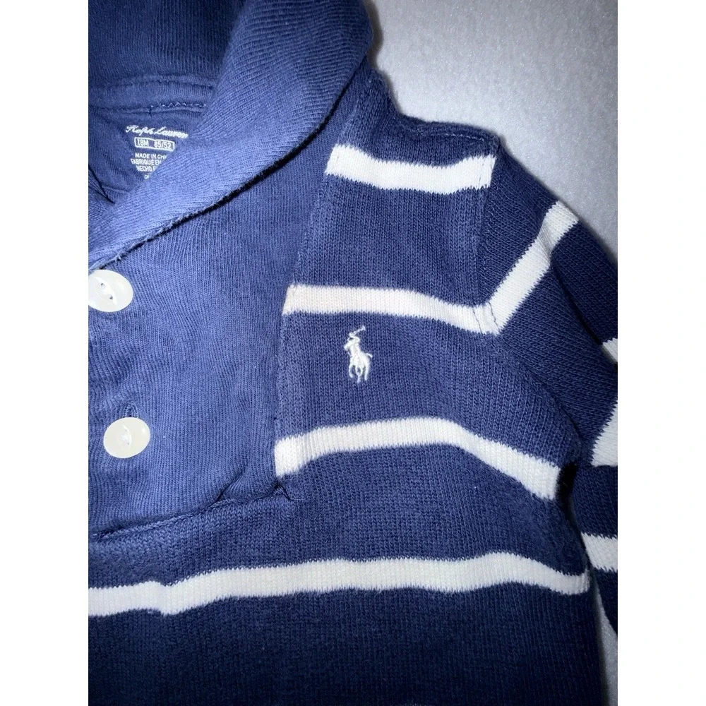 Ralph Lauren Baby Boys Cotton Shawl Collar Sweater Size‎ 18M Blue White Pony